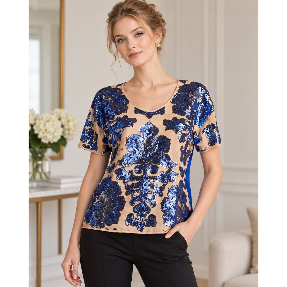 TRACY Reese Neiman Marcus Blouse Glamours Sequined Blue Tan Size XS NWT